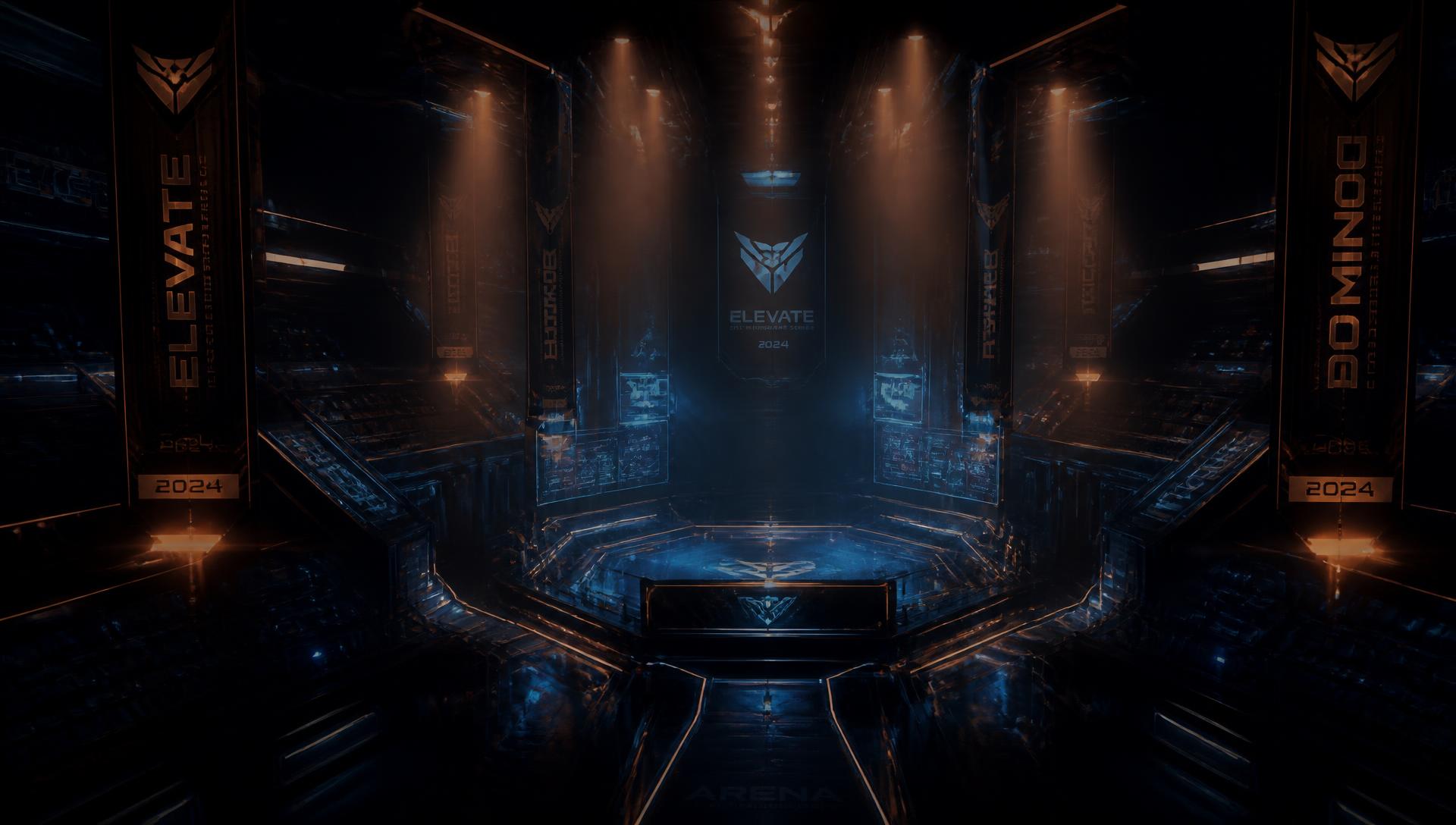 Overwatch-style arena at dusk